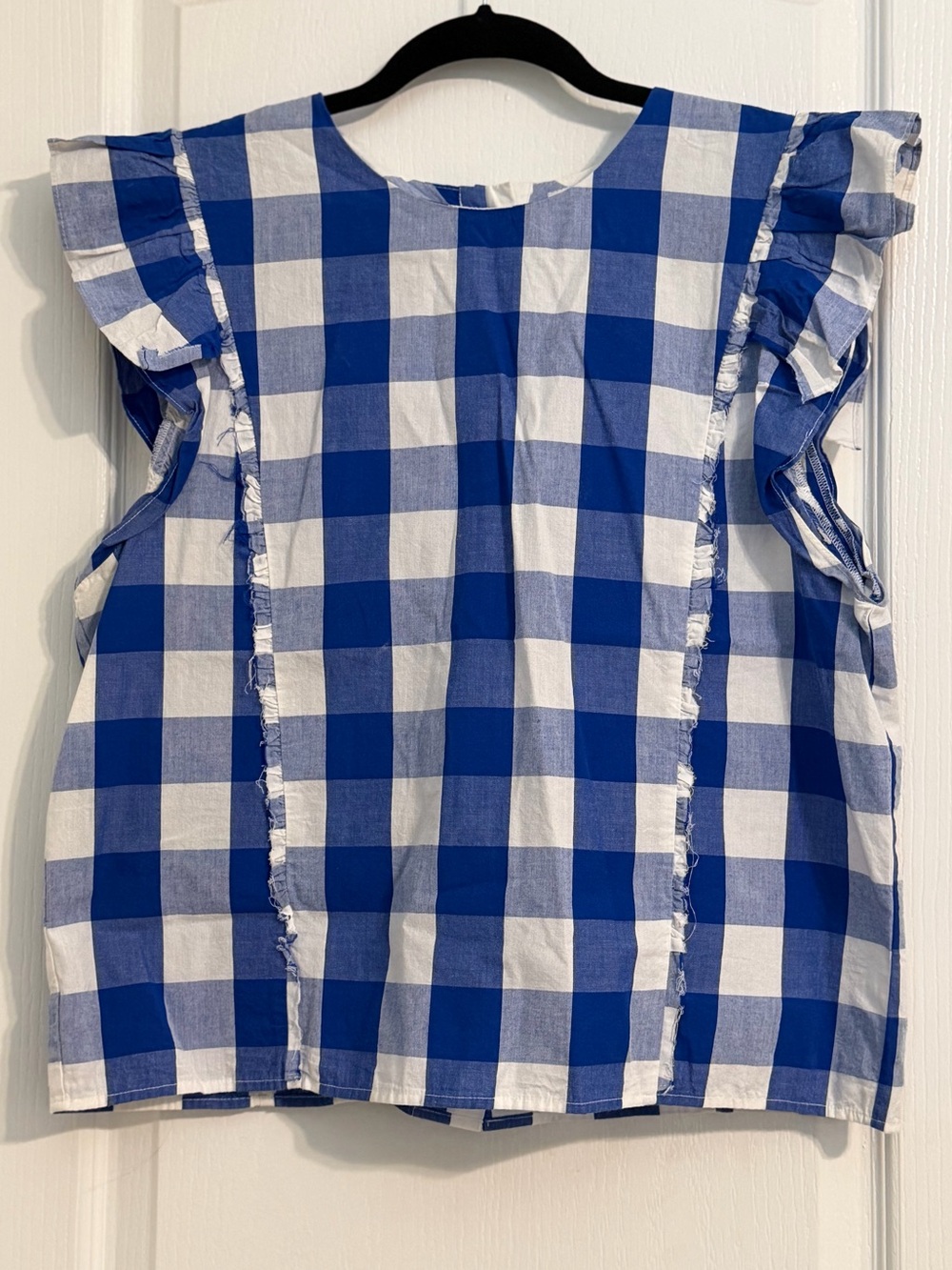 Anthropologie Whit Two Blue and White Gingham Ruffle Sleeve Cotton Blouse Sz L